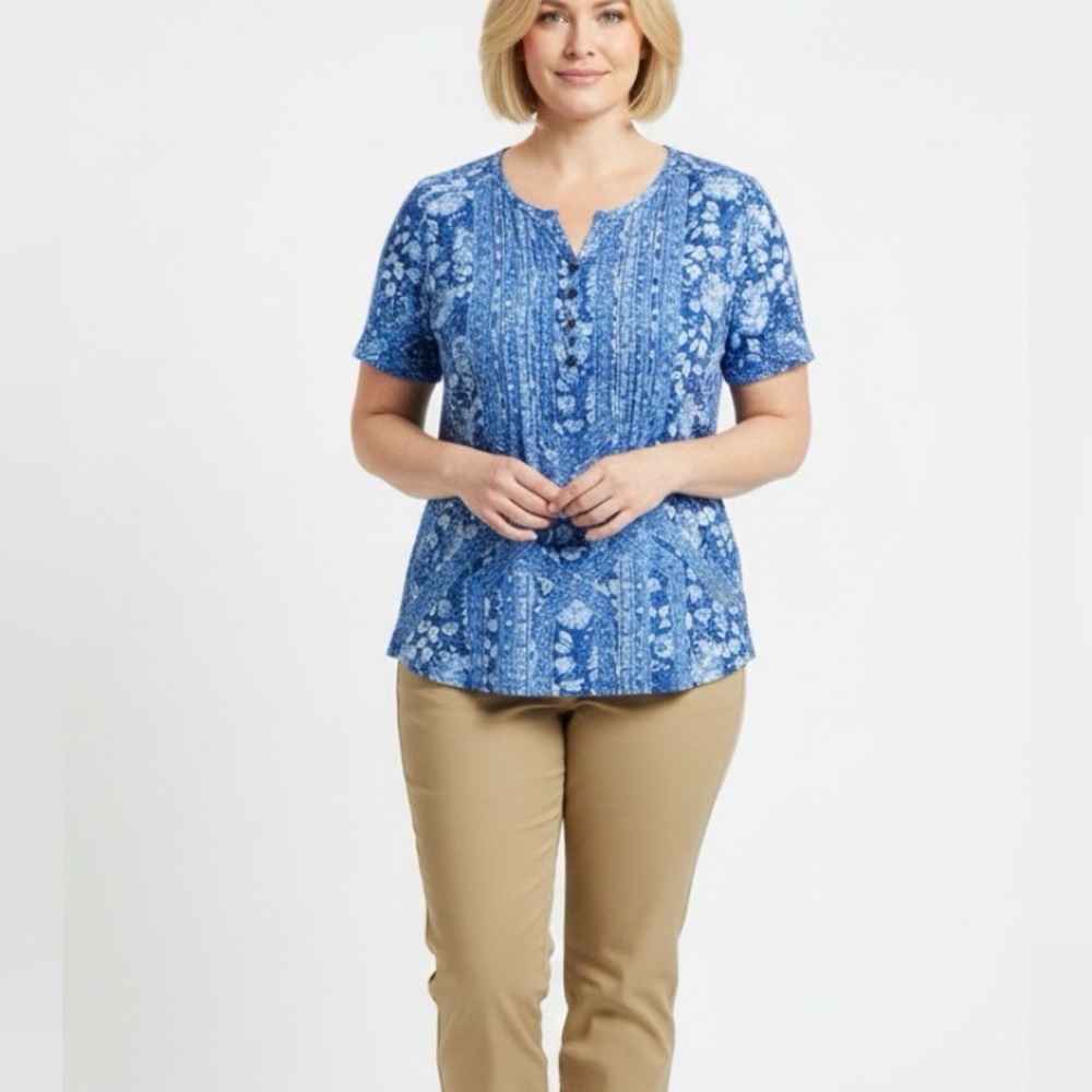 Lucky Brand Blue White Boho Floral Pileated V-Neck Tunic Blouse Top Plus Size 1X - Picture 2 of 11